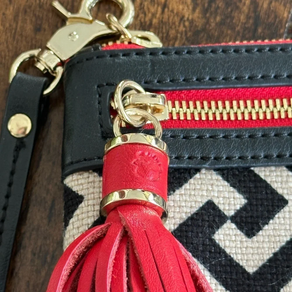 Spartina 449 | Linen & Leather Wristlet in a Cream, Black & Red Geometric Print